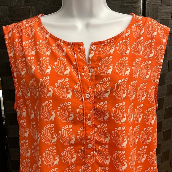 OAT + FAWN Peacock Print Sleeveless 3/4 Button Front - M (orange & white) - Picture 2 of 6
